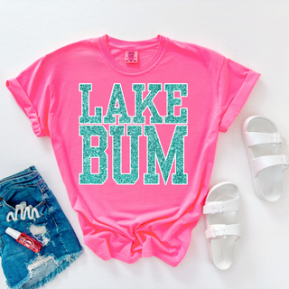 lake bum faux glitter graphic top teal glitter lettering neon pink comfort colors tee flat lay