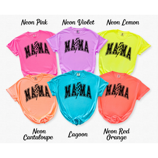 checkered lightning mama graphic top neon color options pink violet lemon lagoon orange comfort colors tees