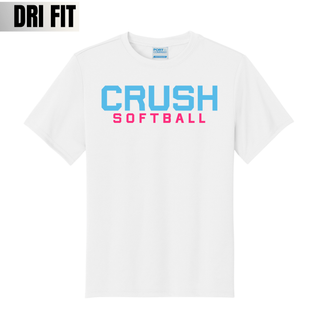Crush Softball blue and pink lettering performance graphic top on white dri fit shirt