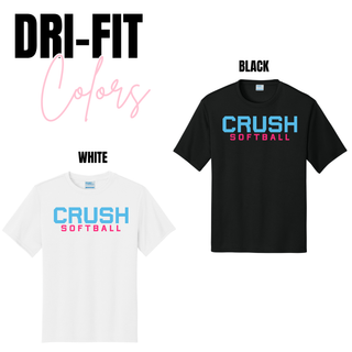 Crush Softball blue and pink lettering dri fit performance tops in black and white color options