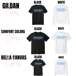 Crush Softball blue and pink graphic top shown in black and white across Gildan Comfort Colors and Bella Canvas styles