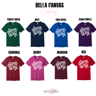 distressed game day graphic top shown on Bella Canvas shirts in forest green, navy, true royal, team purple, cardinal, berry, maroon, and red