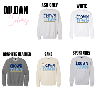 crown town graphic top shown on Gildan crewneck sweatshirts in ash grey, white, graphite heather, sand, and sport grey
