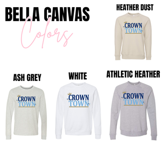 crown town graphic top displayed on Bella Canvas crewneck sweatshirts in heather dust, ash grey, white, and athletic heather