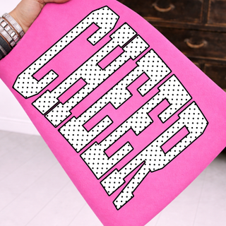 Cheer block letter graphic design with white polka dot lettering on bright pink background