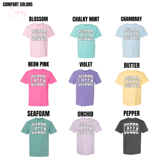 Cheer graphic top color options including blossom, chalky mint, chambray, neon pink, violet, butter, seafoam, orchid, and pepper