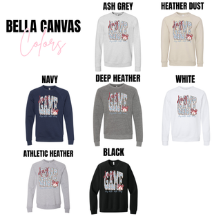 Bella Canvas baseball graphic top color options including navy, ash grey, white, black, and heather dust with hey batter batter swing design