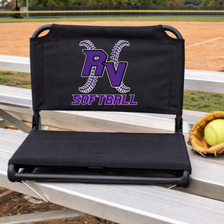 royal valley panthers softball stadium seat with black folding chair and purple rv softball logo on backrest at softball field