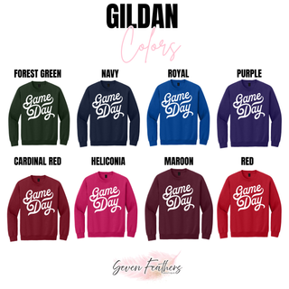 distressed game day graphic top displayed on Gildan crewneck sweatshirts in forest green, navy, royal, purple, cardinal red, maroon, and red