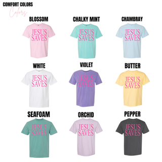 Jesus Saves graphic top color options including blossom chalky mint chambray white violet butter seafoam orchid and pepper