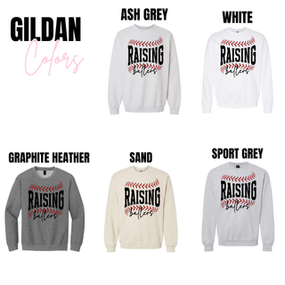 Raising Ballers baseball graphic Gildan sweatshirt options in ash grey white graphite heather sand and sport grey with vintage stitch design