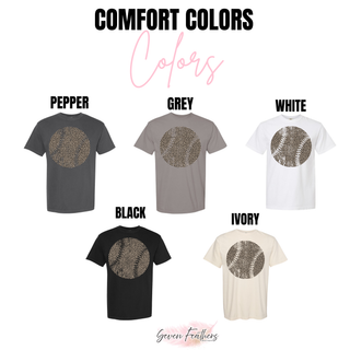 Distressed leopard baseball graphic Comfort Colors t shirt options in pepper grey white black and ivory