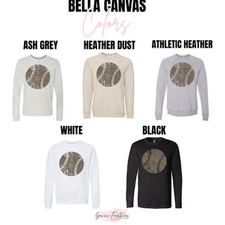 Distressed leopard baseball graphic Bella Canvas apparel options including long sleeve and crewneck in ash grey heather dust athletic heather white and black