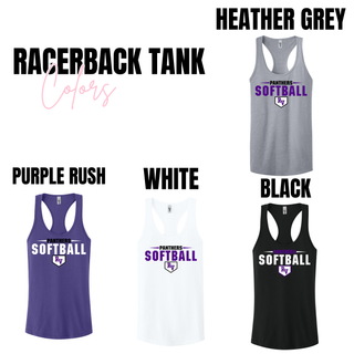 racerback tank color options including purple rush white and black for Panthers Softball shield graphic