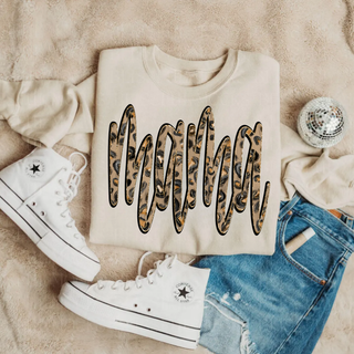 tall leopard mama graphic shown on Gildan sweatshirt options in black sand grey white and heather