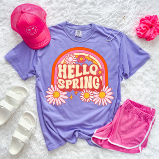 retro hello spring daisy graphic tee with rainbow floral design on purple shirt styled with pink shorts sandals and accessories