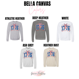 bella canvas 1776 patriotic graphic sweatshirt color options in athletic heather, deep heather, white, ash grey, and heather dust featuring red white and blue 1776 design with bow and star details