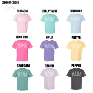 Comfort Colors mama graphic top displayed in multiple color options including blossom, chalky mint, chambray, neon pink, violet, butter, seafoam, orchid, and pepper, each featuring white varsity-style “MAMA” lettering