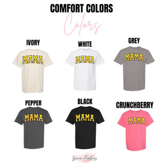 Comfort Colors mama graphic top displayed in ivory, white, grey, pepper, black, and crunchberry color options, each featuring yellow varsity-style “MAMA” lettering with pink softball stitch detailing