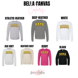 Bella Canvas mama graphic top displayed in athletic heather, deep heather, white, ash grey, heather dust, berry, and black long sleeve and crewneck options, each with yellow varsity “MAMA” text and pink softball stitch detailing