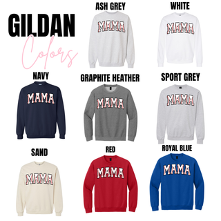 Gildan baseball stitch mama graphic top and crewneck color options in ash grey, white, navy, graphite heather, sport grey, sand, red, and royal blue