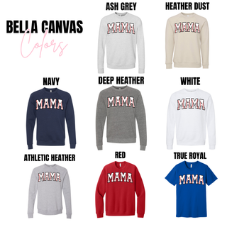 Bella Canvas baseball stitch mama graphic top color options in ash grey, heather dust, navy, deep heather, white, athletic heather, red, and true royal