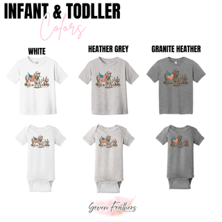 Infant and toddler graphic top and onesie color options displaying cowboy dog American flag design in white heather grey and granite heather