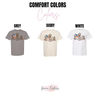 Comfort Colors graphic top color options showing cowboy dog American flag design in grey ivory and white