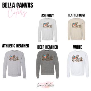 Bella Canvas graphic top and crewneck color options featuring cowboy dog American flag design in ash grey heather dust athletic heather deep heather and white