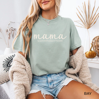 Custom mama name shirt in bay color featuring personalized children names for moms
