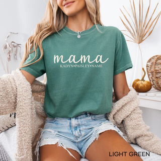 Custom mama name shirt in light green with personalized kids names printed under mama text