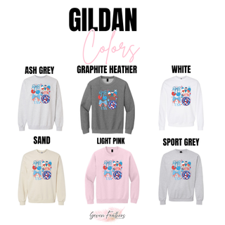Gildan USA 1776 patriotic bows graphic top in ash grey, graphite heather, white, sand, light pink, and sport grey
