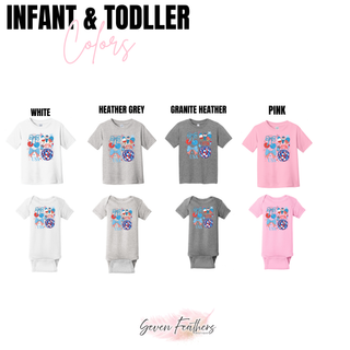 Infant and toddler USA 1776 patriotic bows graphic top available in white, heather grey, granite heather, and pink
