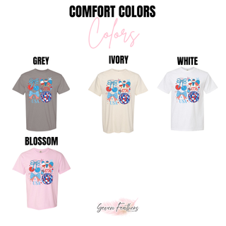 Comfort Colors USA 1776 patriotic bows graphic top in grey, ivory, white, and blossom