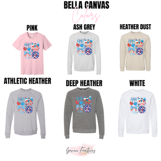 Bella Canvas USA 1776 patriotic bows graphic top in pink, ash grey, heather dust, athletic heather, deep heather, and white