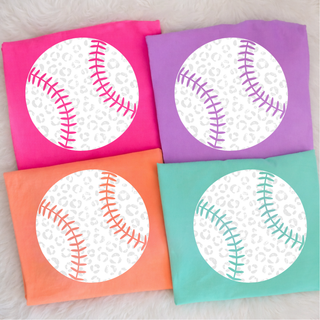 Comfort Colors baseball graphic tops in multiple colors with white leopard print baseball design and colored stitching