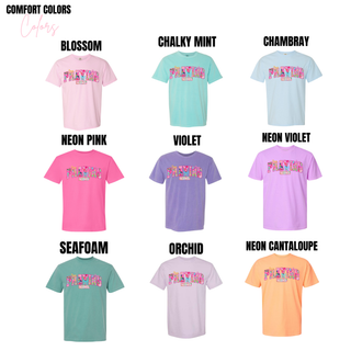 Praying Mama Floral Bow Comfort Colors T-Shirt available in nine colors including Blossom, Chalky Mint, Chambray, Neon Pink, Violet, Neon Violet, Seafoam, Orchid, and Neon Cantaloupe