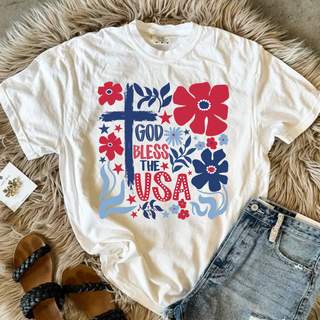 God Bless the USA Shirt Patriotic Floral Cross Top