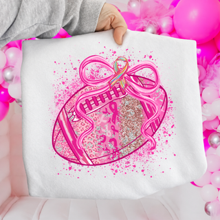 Pink Glitter Football Breast Cancer Awareness Top on white crewneck