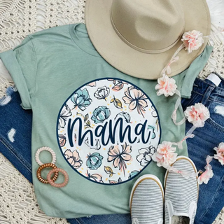 Heather sage Bella Canvas tee with Mama floral circle graphic in navy blue and blush
