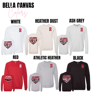 Bella Canvas tops in White, Heather Dust, Ash Grey, Red, Athletic Heather, and Black. Front left chest shows red R with Jr. Dawgs script. Back features Jr. Dawgs Cheer Classic Logo chevron in red and white