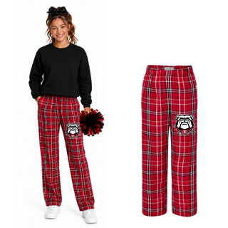 Red Plaid Flannel Pants with Bulldawg Rossville Spirit mascot logo on left thigh. White bulldog head with red spiked collar and R emblem. Boxercraft brand. Model wearing with black sweatshirt