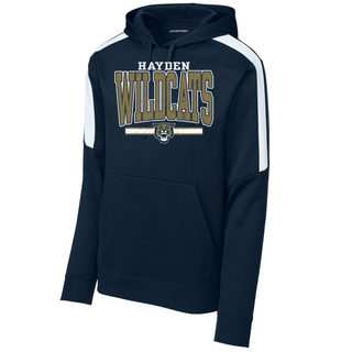 Hayden Wildcats Distressed Powerhouse Fan Favorite Hoodie Topeka Kansas - Navy White Colorblock Shirt Front
