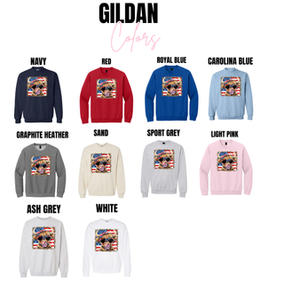  Gildan color swatch showing navy, red, royal blue, carolina blue, graphite heather, sand, sport grey, light pink, ash grey, and white