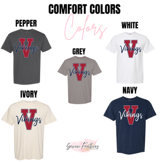 Comfort Colors shirts in Pepper, Grey, White, Ivory, and Navy. Each features large red Varsity V outlined in white with Vikings script in navy across the front