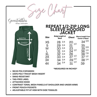 Size chart for a green long sleeve hooded jacket with dimensions and features listed.