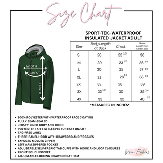 Adult size chart for Sport-Tek JST56 waterproof insulated jacket - S to 4X body length chest sleeve measurements in inches - Seven Feathers Boutique
