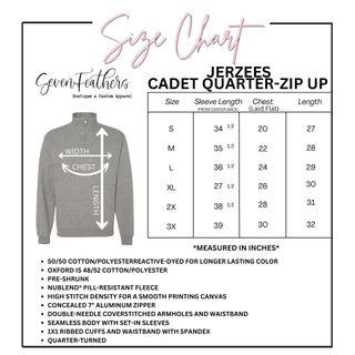 Jerzees Cadet quarter zip pullover size chart showing sleeve length from center back, chest laid flat, and body length measurements in inches for sizes S through 3XL.