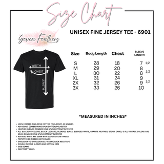 Size chart for Unisex Fine Jersey Tee 6901 showing body length, chest width, and sleeve length measurements in inches for sizes Small through 3X, with fabric details and fit specifications listed below.
