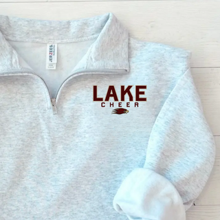 Ash grey quarter zip with LAKE CHEER bold block text and Eagles mascot logo on left chest front view flat lay
